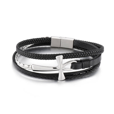 Fashion Cross Cowhide Leather Men's Bracelet with Ankh Charm