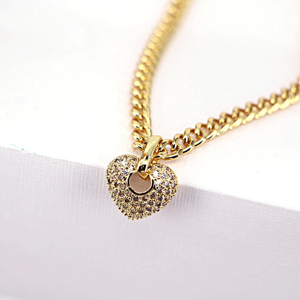 Fashion Heart Zircon Pendant Copper Electroplating Thick Chain Necklace Female