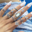 Retro Geometric Bohemian Crystal Moon Ring Set - 11 Piece Vintage Style Jewelry