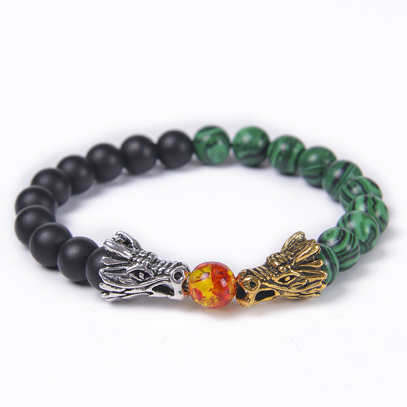 Classic Round Natural Stone Beaded Bracelet with Dragon Head and Matte Tiger Eye Beads