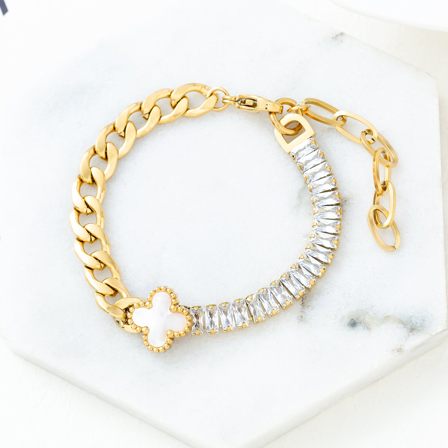 Retro Geometric Stainless Steel Gold Plated Bracelet with Artificial Pearls, Shell, and Zircon Accents