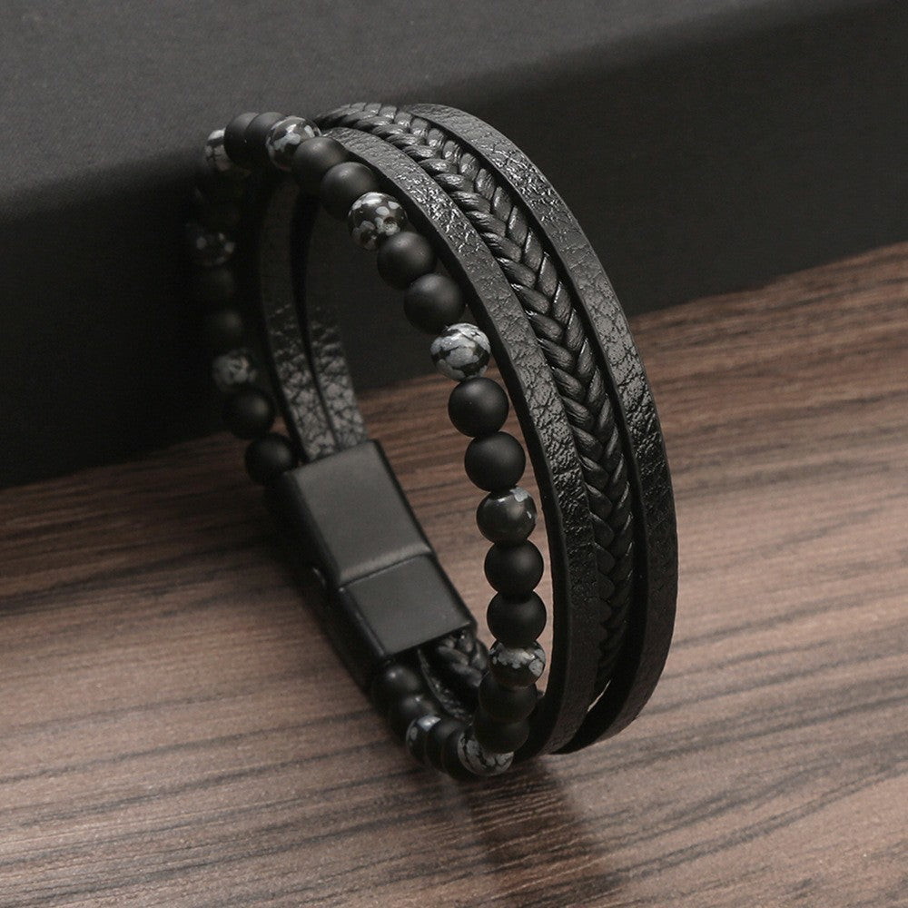 Hip-hop Retro Round PU Leather Natural Stone Men's Bracelet with Stainless Steel and Obsidian Beads