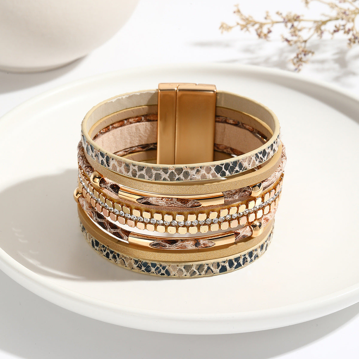 Modern Geometric Snakeskin PU Leather Women's Bangle Bracelet with Magnetic Clasp