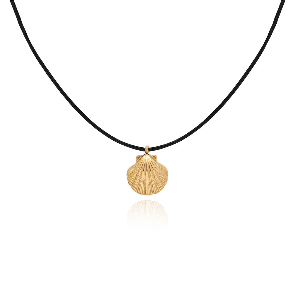 18K Gold Plated Stainless Steel Scallop Pendant Necklace with Leather Rope - Marine Style