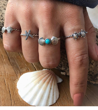 Beach Tortoise Starfish Shell Turquoise Ring Set for Women