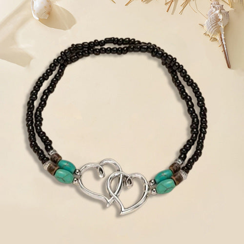 Layered Heart & Turquoise Beaded Anklet and Necklace Set