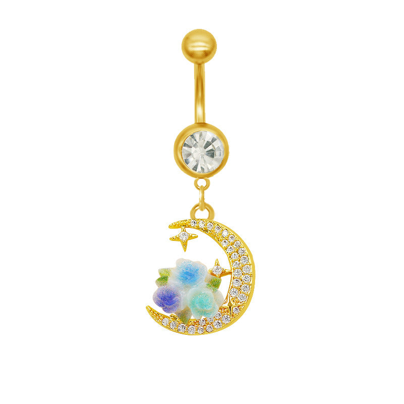 Moon Design Belly Ring - 316 Stainless Steel with Resin Rhinestones and Gold Plating
