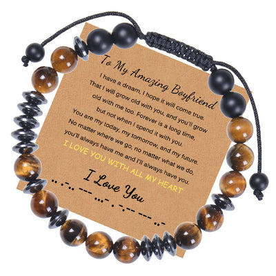 Retro Geometric Natural Tiger Eye Stone Morse Code Men's Bracelet