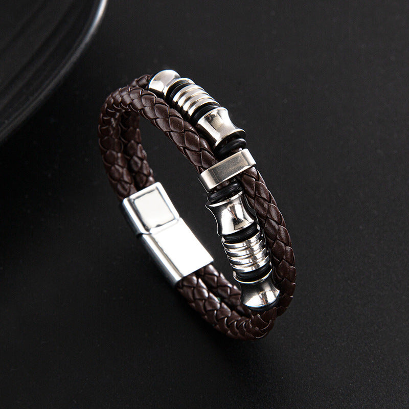 Punk Stainless Steel PU Leather Braided Magnetic Clasp Men's Bracelet