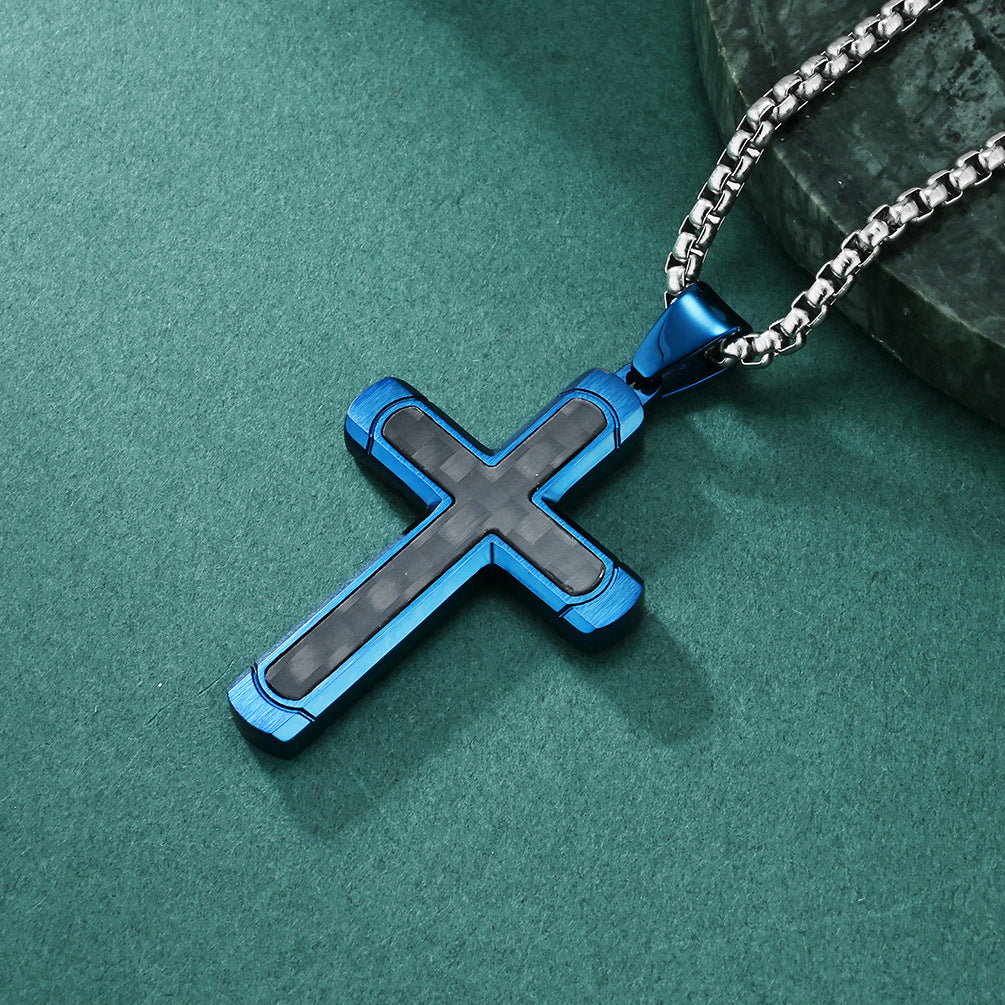 Retro Roman Cross Titanium Steel Carbon Inlay Men's Pendant Necklace