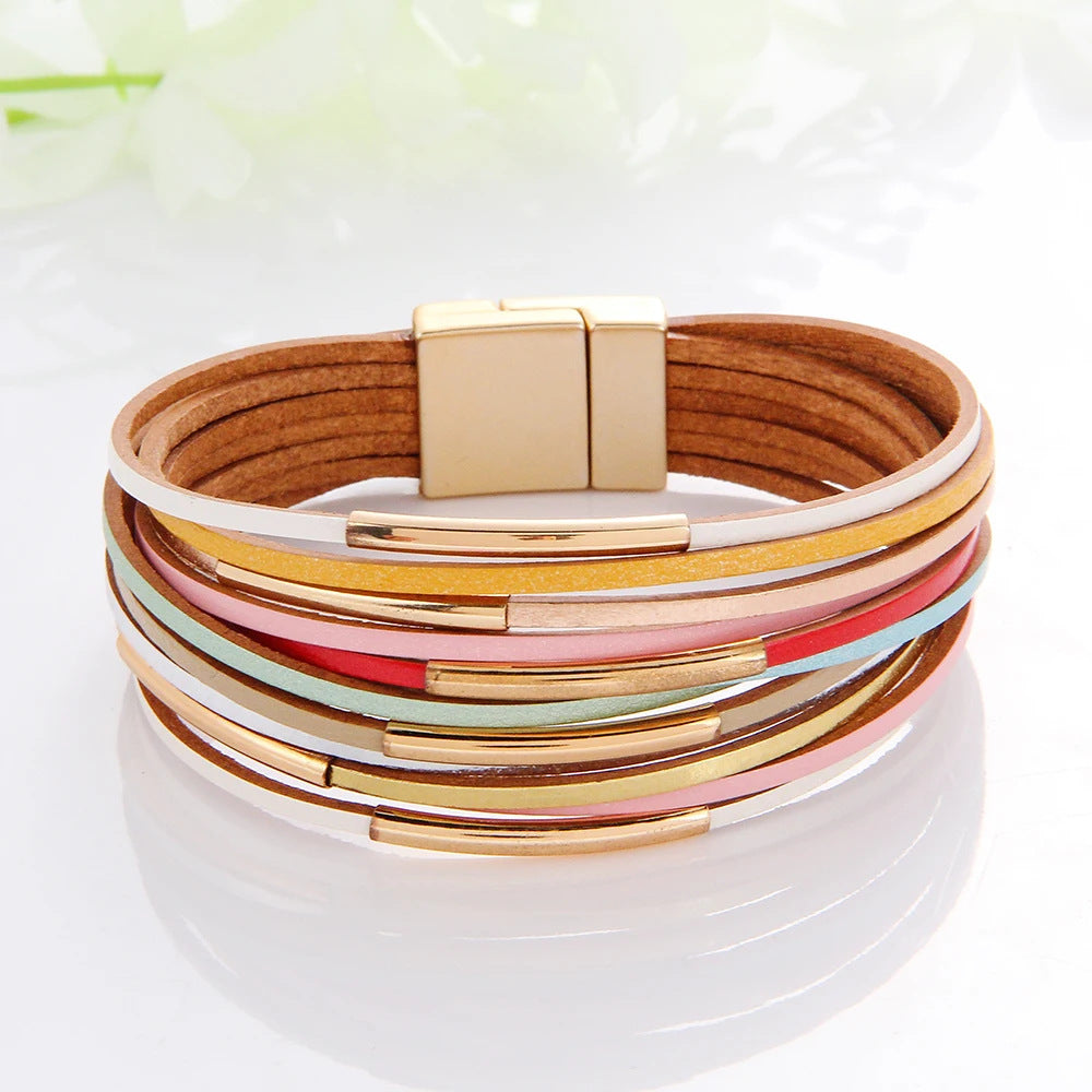 Geometric PU Leather Bangle with Copper Pipe and Magnetic Clasp