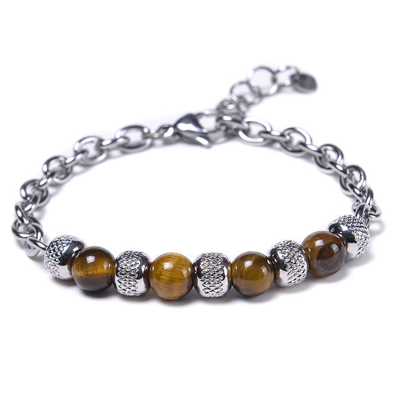 Geometric Alloy Men's Bracelet with Black Magnet & Tiger's Eye Beads