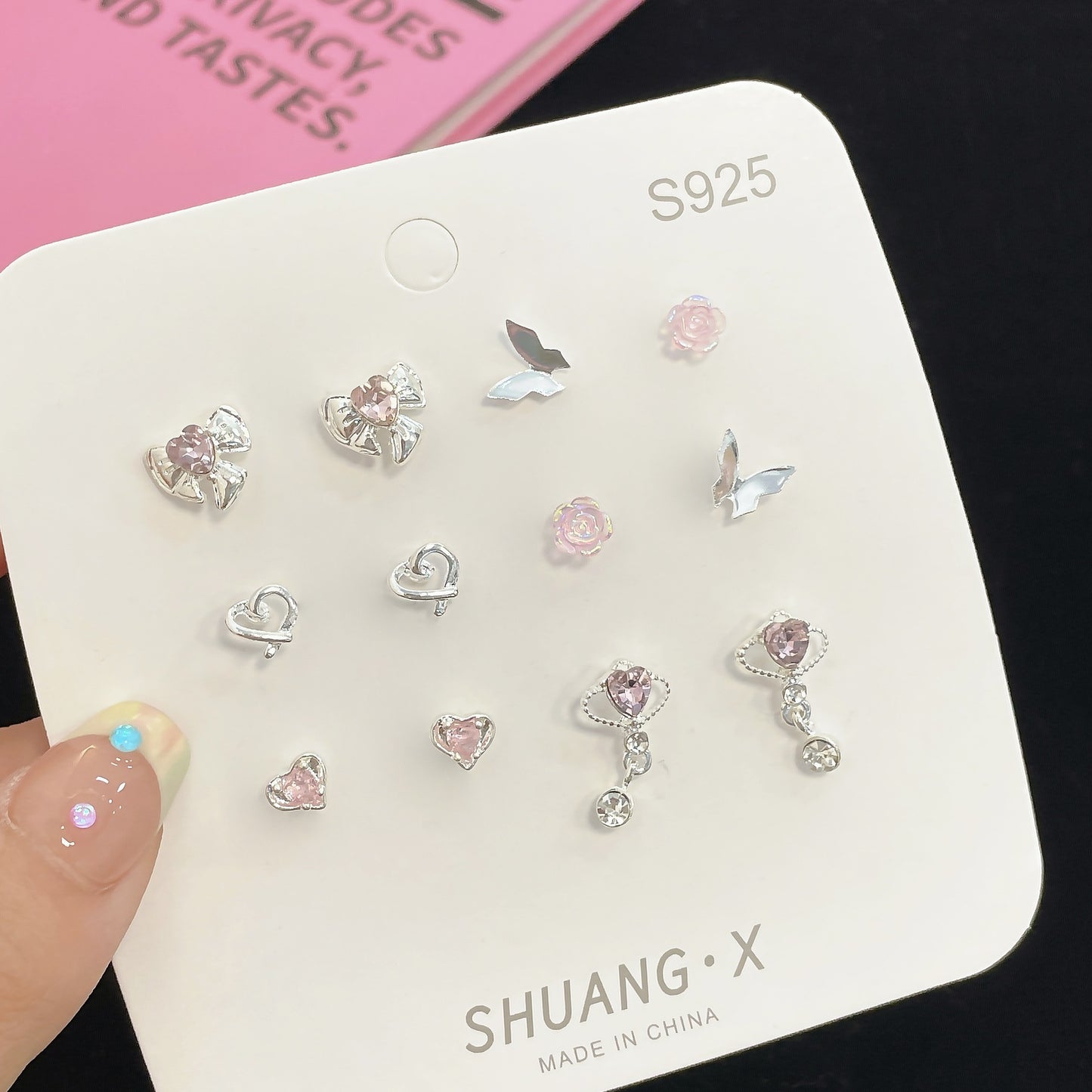 1 Set Heart Shape Flower Bow Knot Alloy Gemstone Ear Studs with Aurora Pink Diamond and Planet Pendant