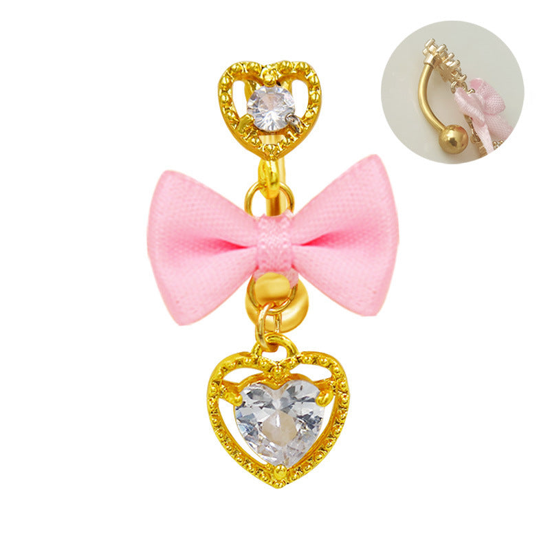 1 Piece Belly Rings Vacation Shiny Heart Shape Bow Knot 316 Stainless Steel  Alloy Inlay Rhinestones Glass Gold Plated