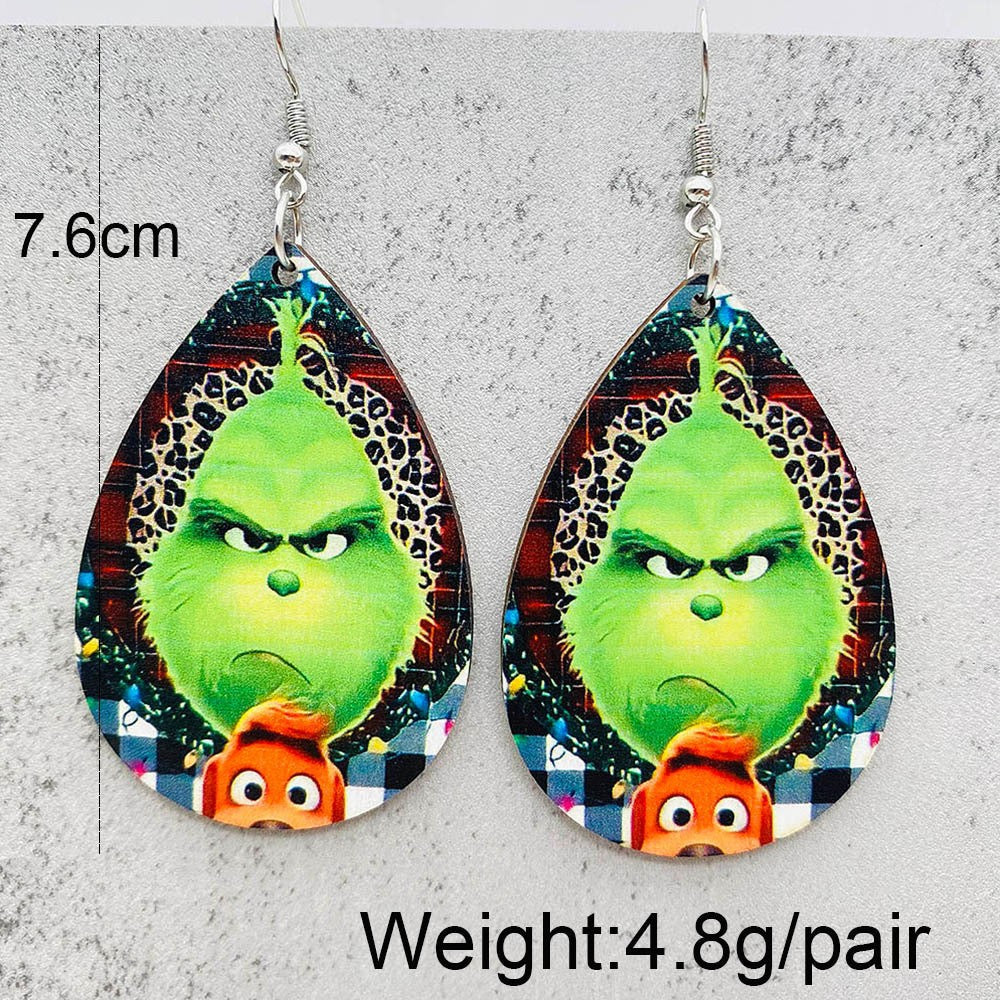 Cartoon Christmas Hat Monster Wood Drop Earrings