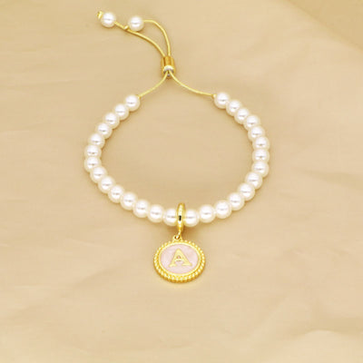 18K Gold Plated Adjustable Letter Pendant Imitation Pearl Bracelet