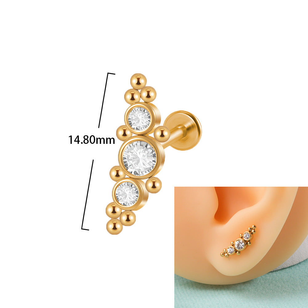 18K Gold Plated Geometric Stainless Steel Lip and Ear Stud Set with Rhinestones