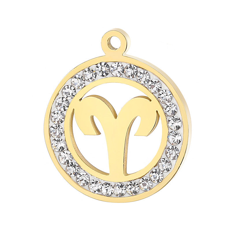 Classic Stainless Steel Zodiac Constellation Pendant Necklace with Rhinestone Inlay