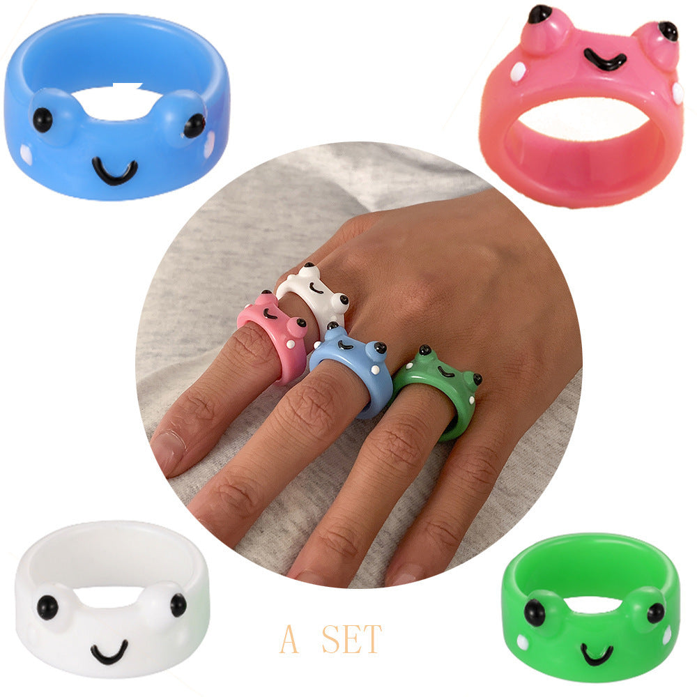 European American Cartoon Frog Resin Ring Set - Cute Creative Design for Women