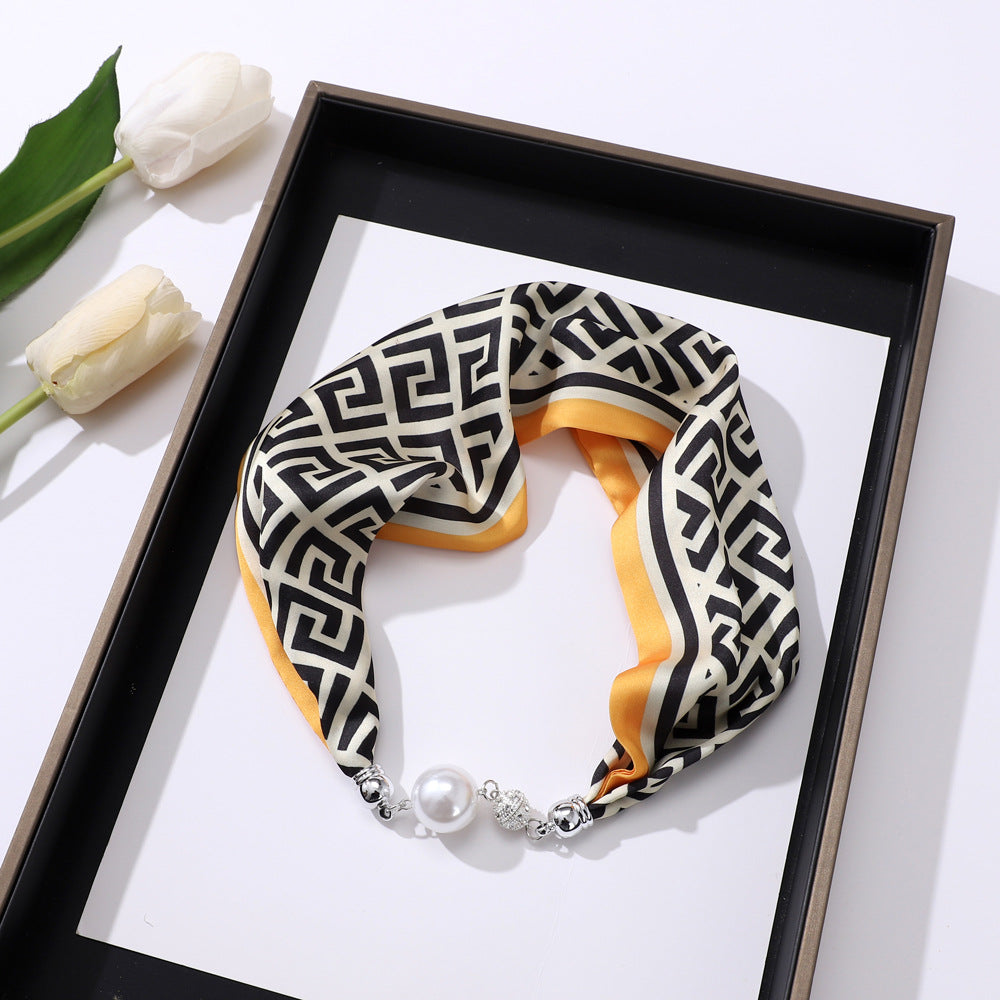 Women's Elegant Silk Print Scarf with Magnetic Letter Design