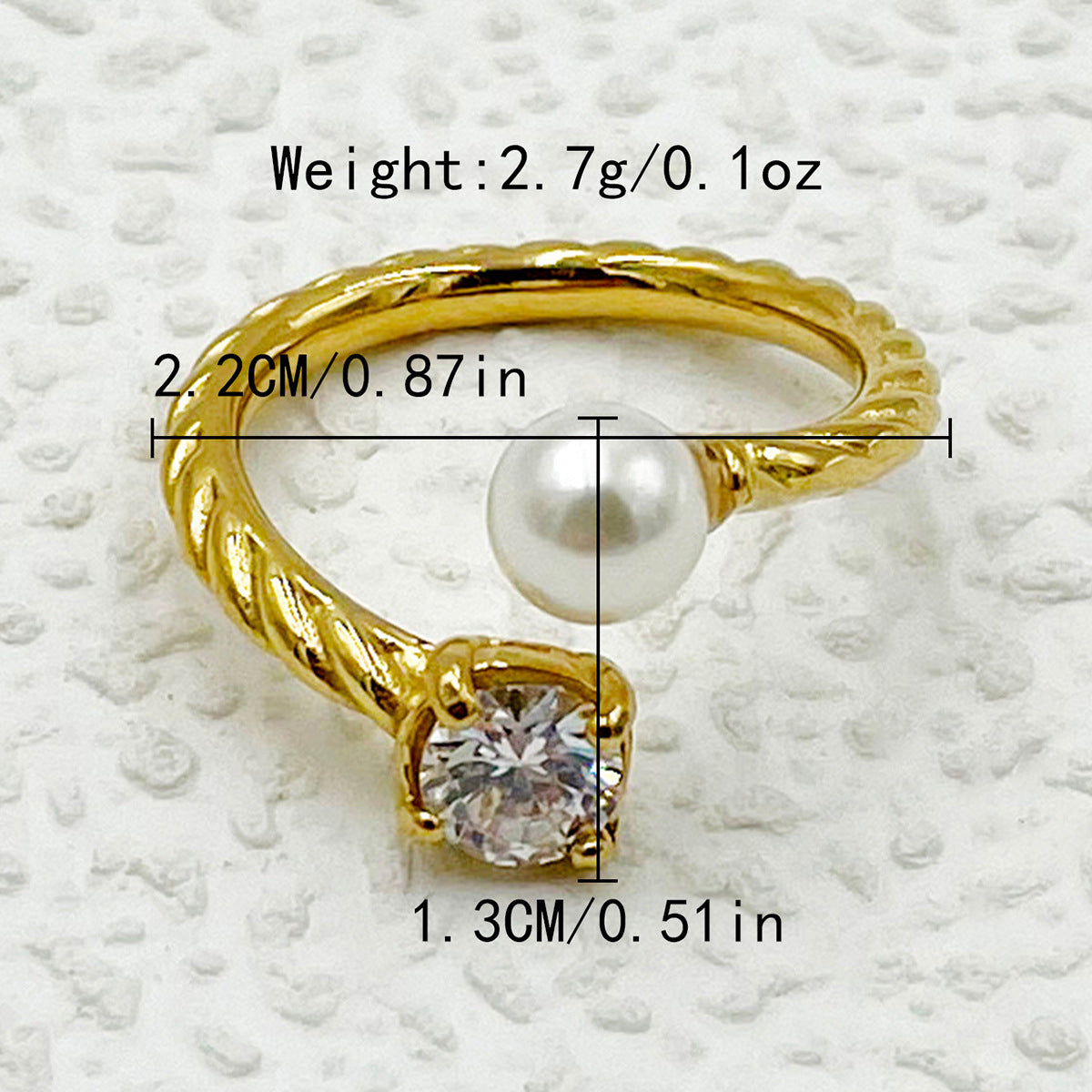 304 Stainless Steel Gold Plated Roman Style Pearl Zircon Open Ring