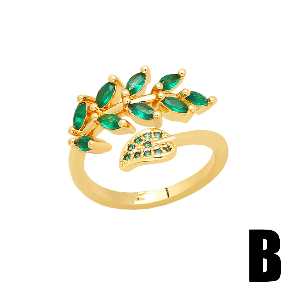 Emerald Leaves & Butterfly Zircon Gold Plated Open Ring