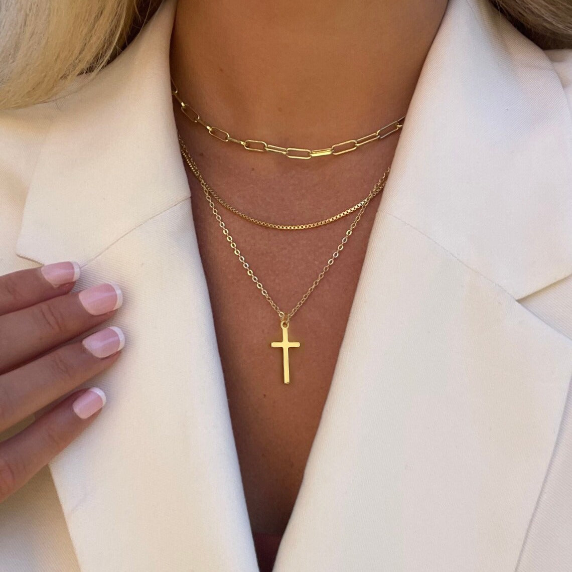 Classic Cross Layered Chain Necklace with Box Chain Pendant