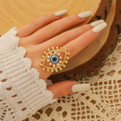 Casual Ethnic Devil's Eye Pearl Inlay Women's Open Ring