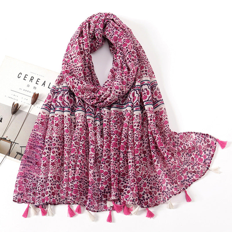 Women's Vintage Bohemian Floral Cotton Linen Print Scarf with Tassels