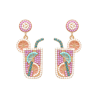 1 Pair Geometric Alloy Drop Earrings with Beaded Cocktail Glass Design