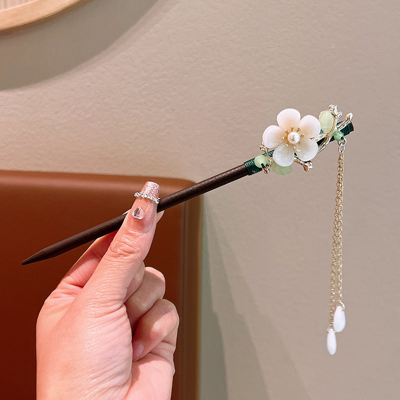 Women's Ethnic Floral Wood Inlay Gemstone Rhinestone Hairpin with Tassels