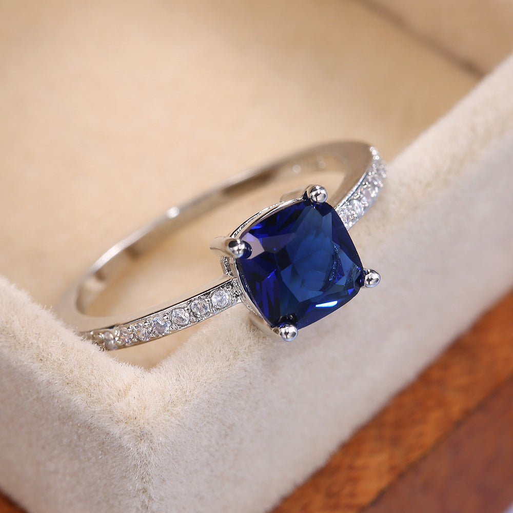 Glam Square Blue Gemstone White Gold Plated Copper Engagement Ring