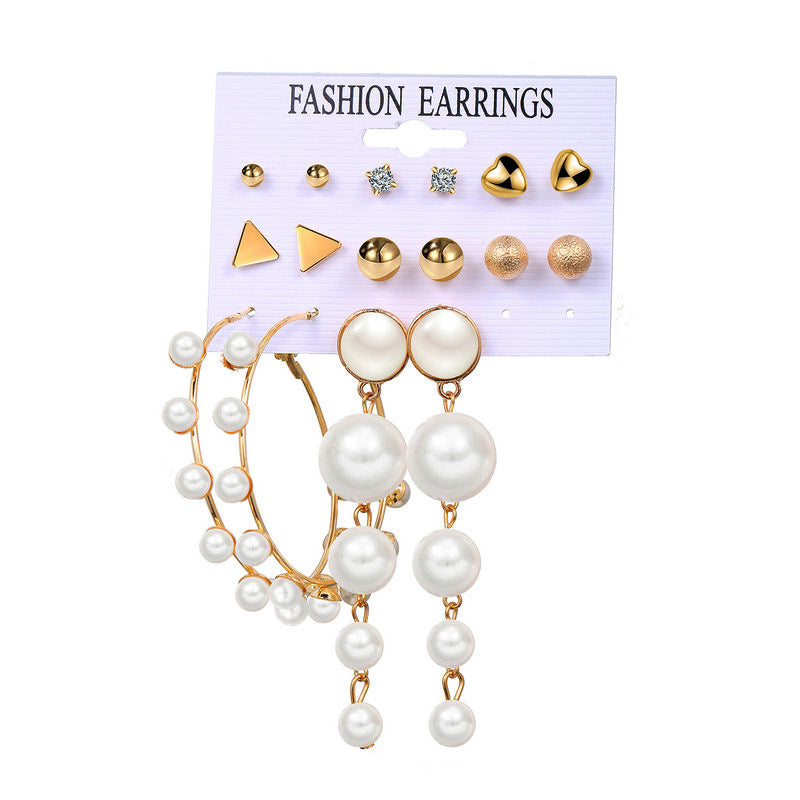 European Love Heart & Pearl Diamond Earring Set - 6 Piece Gold Round Ring Collection