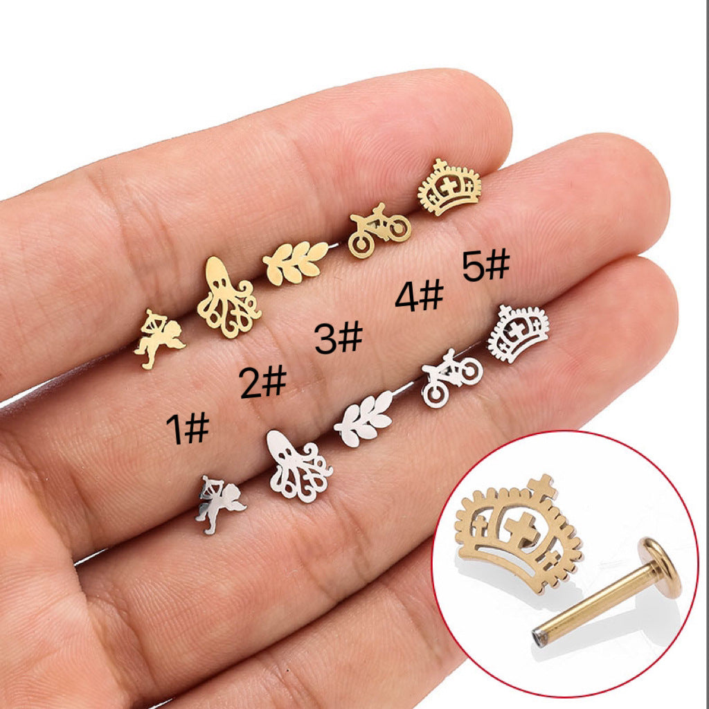 18K Gold Plated Stainless Steel Crown Leaf Lip and Ear Cartilage Studs