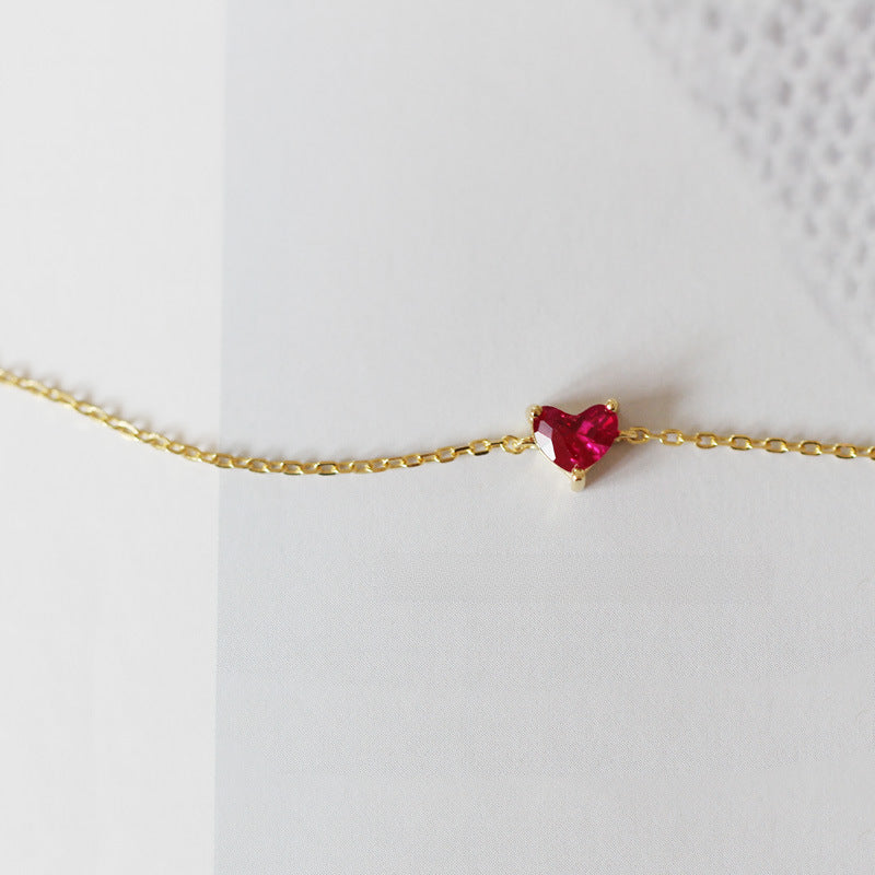 14k Gold Plated Sterling Silver Red Heart Zircon Bracelet - Korean & Japanese Style