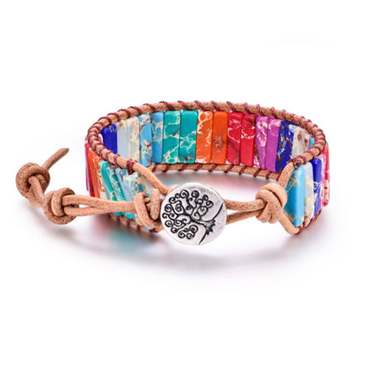 Ethnic Color Block Agate Stone Handmade Leather Bracelet