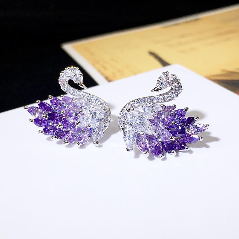 1 Pair Elegant Swan Gradient Zircon White Gold Plated Stud Earrings