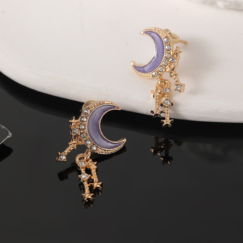 1 Pair Elegant Lady Simple Style Star Moon Enamel Alloy Zircon Drop Earrings