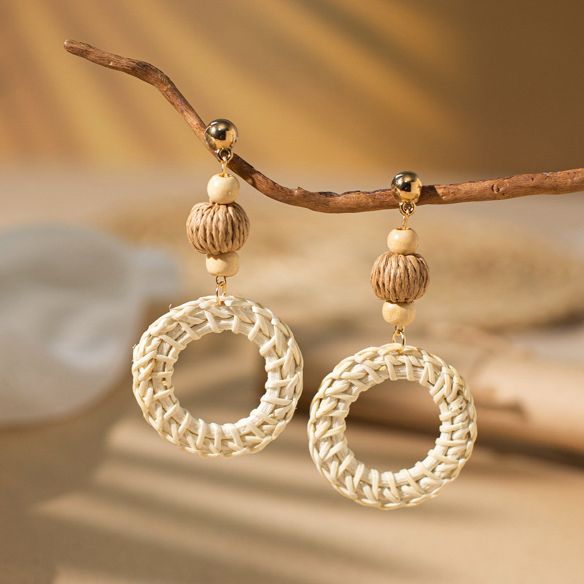 Bohemian Rattan Circle Braid Straw Drop Earrings for Vacation