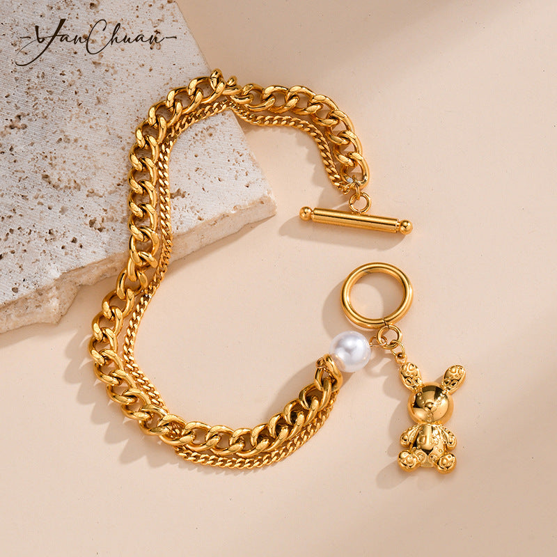 304 Stainless Steel Gold Plated Rabbit and Bear Double-Layer Bracelet with Thick Chain and Pearl