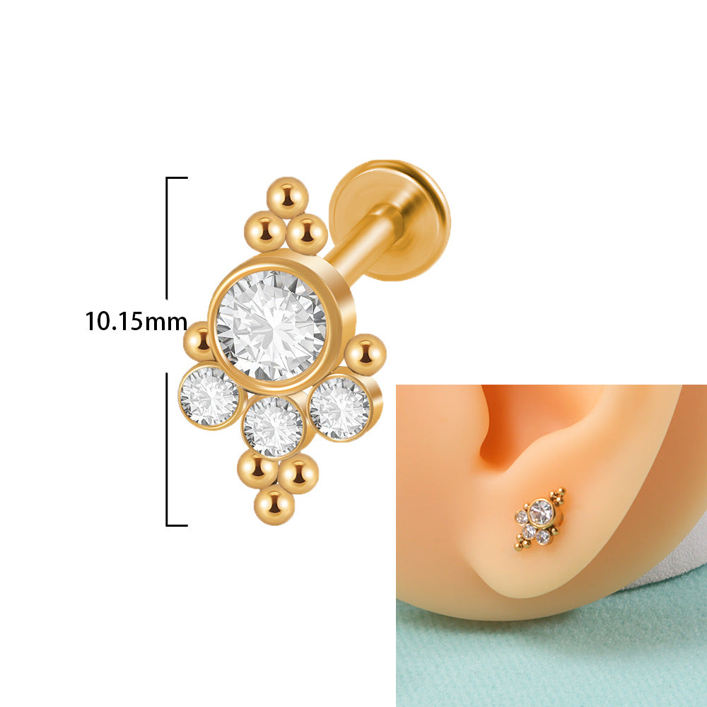 18K Gold Plated Geometric Stainless Steel Lip and Ear Stud Set with Rhinestones