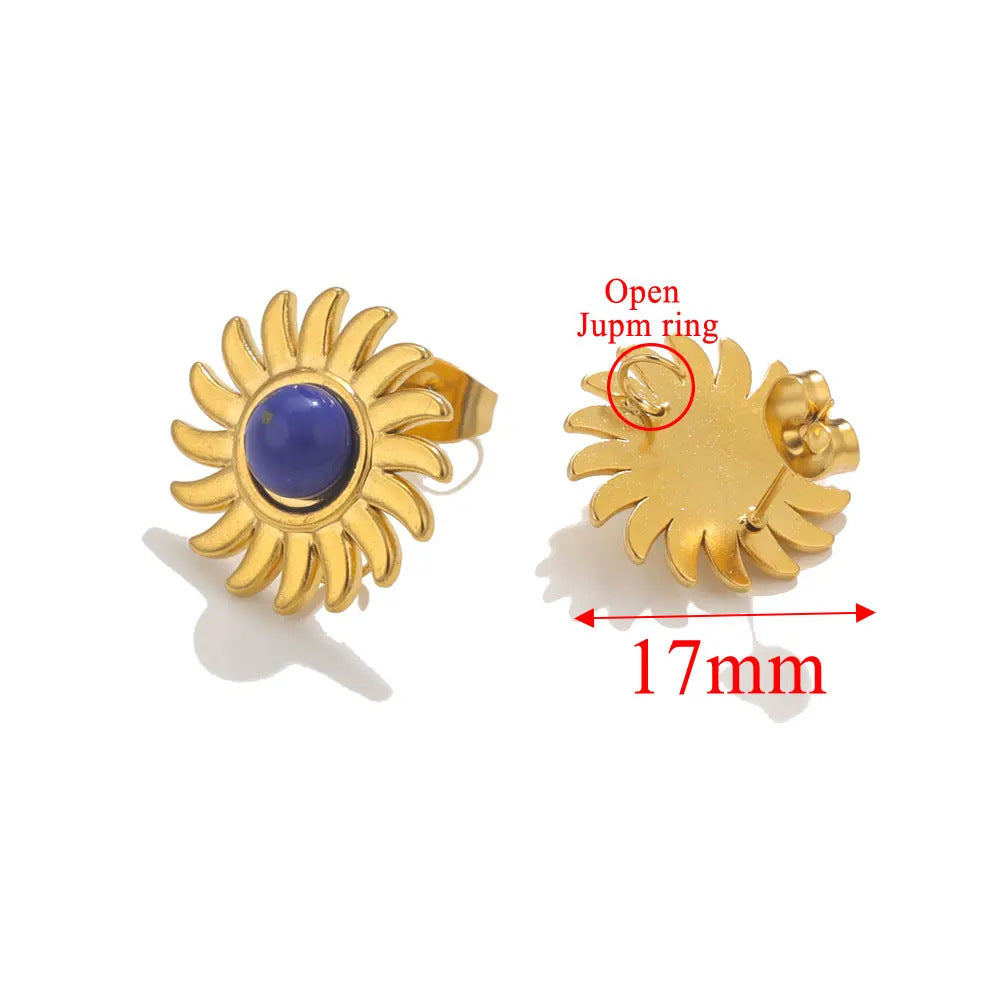 4 Pack Stainless Steel Sunflower Hook Earring Findings with Natural Stone Tiger Eye Studs for DIY Jewelry