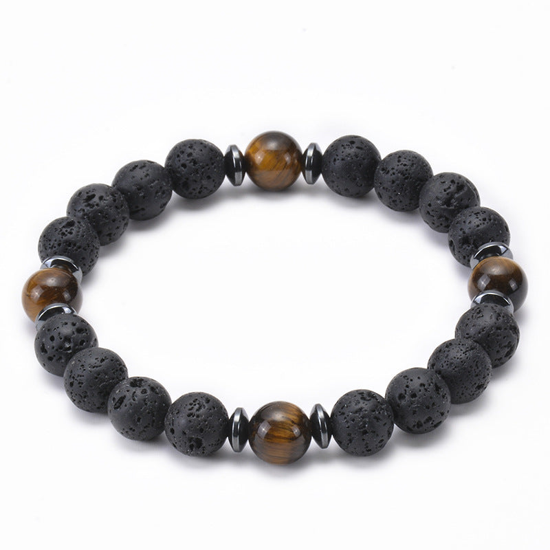 Unisex Natural Stone Beaded Bracelet - 8mm Black Lava & Frosted Stone Jewelry