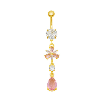 French Style Pink Zircon Belly Ring with Water Droplet Petal Design, 316 Stainless Steel and Gold Plated Alloy with Resin Rhinestones