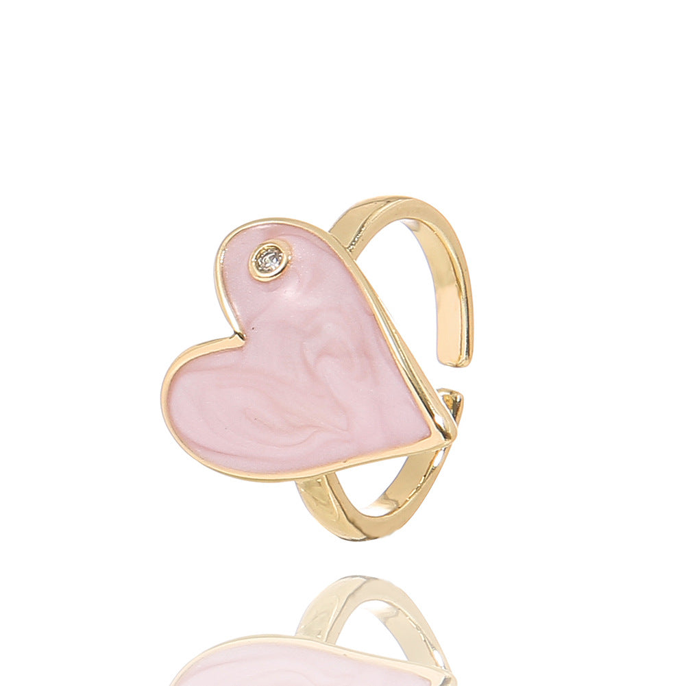 Fashion Heart Shape Adjustable Copper Enamel Zircon Ring