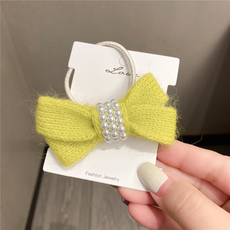 Autumn Winter Bow Wool Headband with Pearl Hair Tie for Women