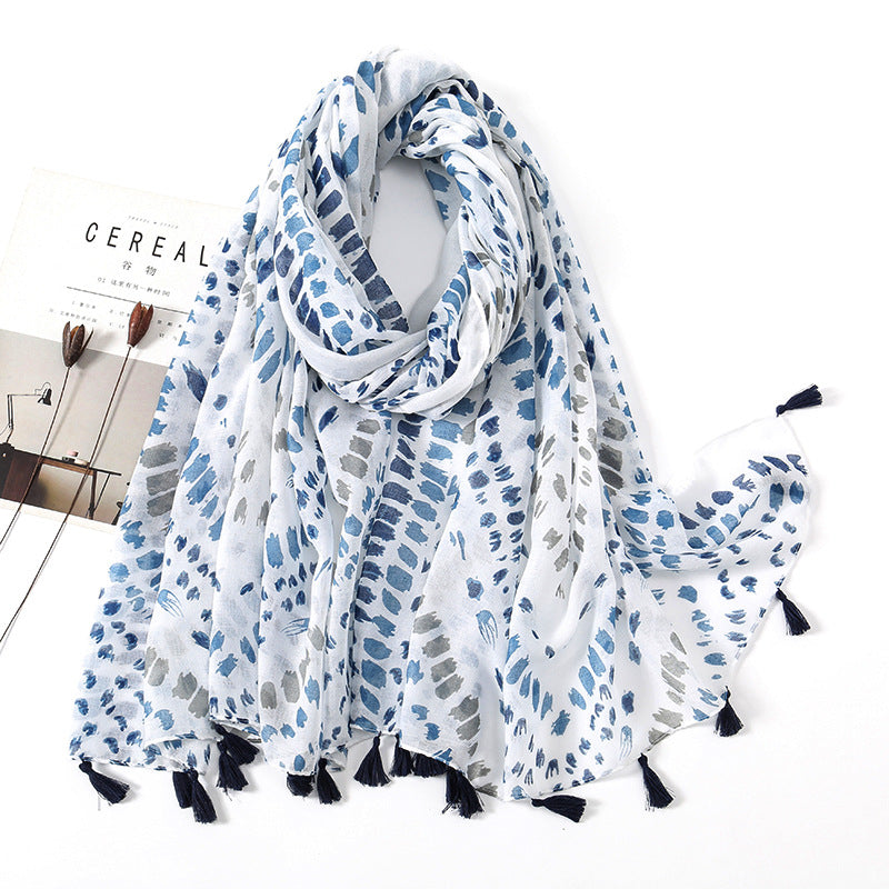 Women's Vintage Bohemian Floral Cotton Linen Print Scarf with Tassels