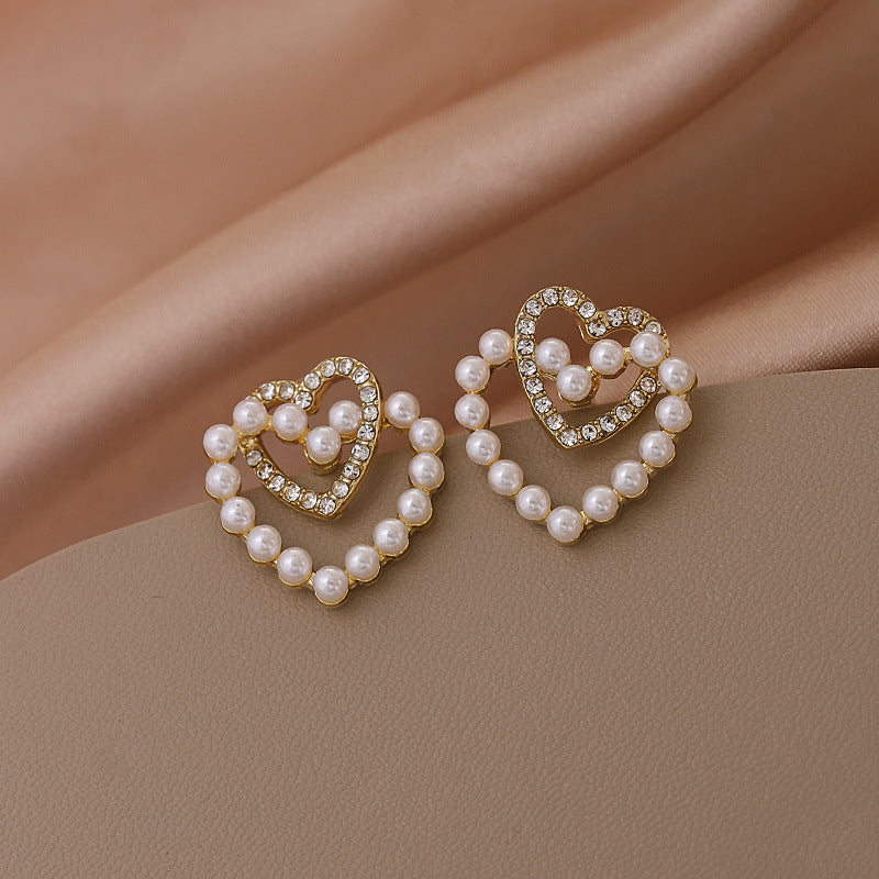 Korean Double Heart Pearl Earrings with S925 Silver Needle