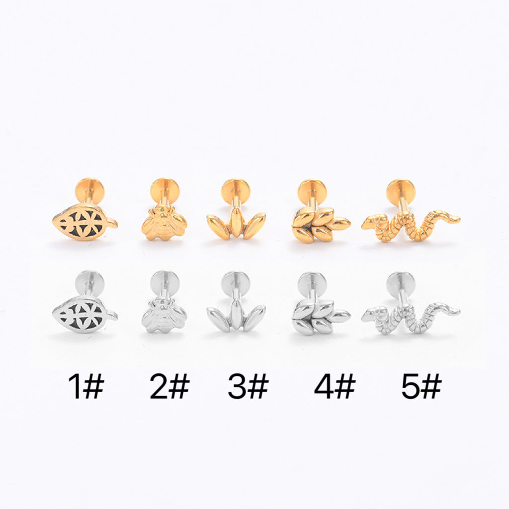 Classic Leaf Snake Bee Stainless Steel Lip and Ear Stud Piercing Ornament