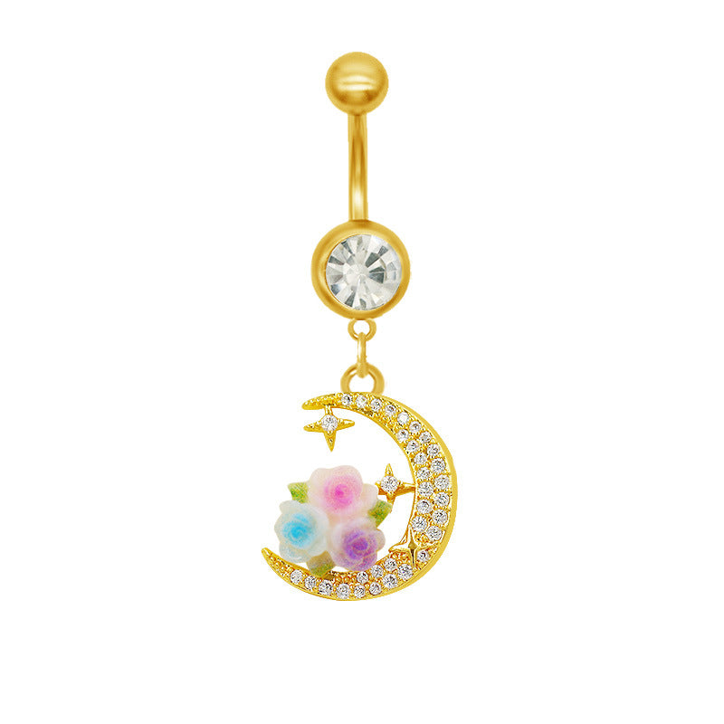 Moon Design Belly Ring - 316 Stainless Steel with Resin Rhinestones and Gold Plating
